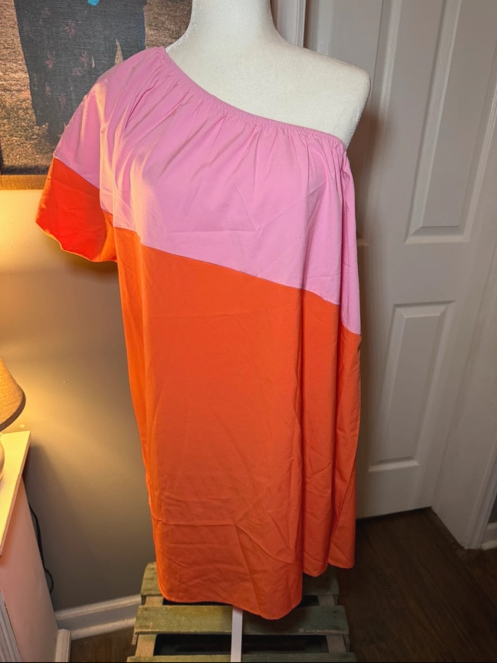 SHEIN Pink & Orange One-Shoulder Colorblock Midi Skirt
